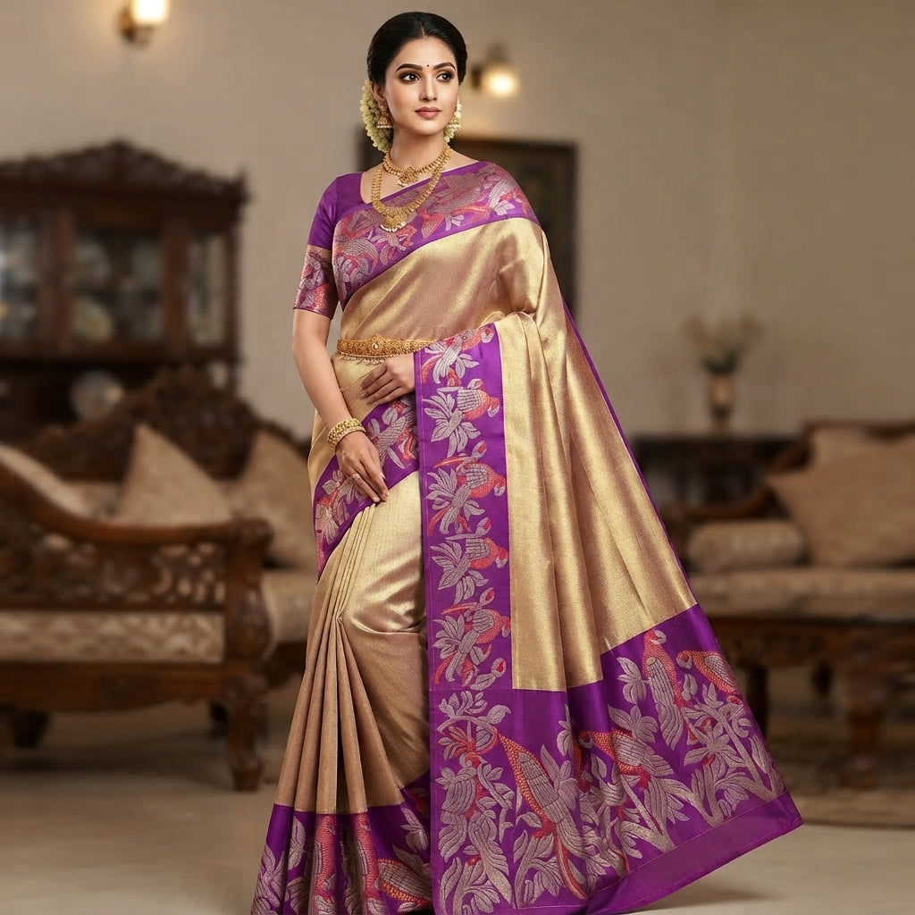 Gold Kanchipuram Handloom 1G Tissue Brocade Meenakari Silk Saree featuring a shimmering tissue weave, rich Meenakari details, and Silk Mark certification.
