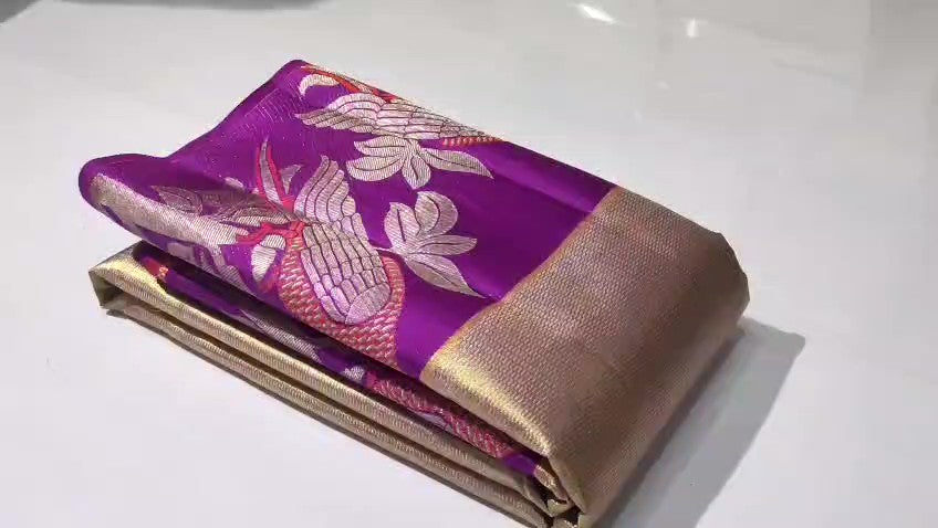 Gold Kanchipuram Handloom 1G Tissue Brocade Meenakari Silk Saree featuring a shimmering tissue weave, rich Meenakari details, and Silk Mark certification.