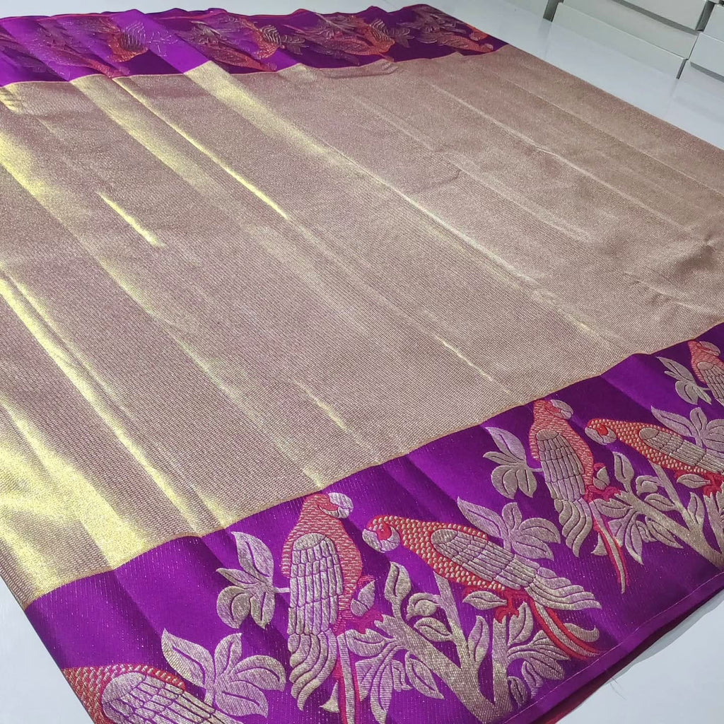 Gold Kanchipuram Handloom 1G Tissue Brocade Meenakari Silk Saree featuring a shimmering tissue weave, rich Meenakari details, and Silk Mark certification.