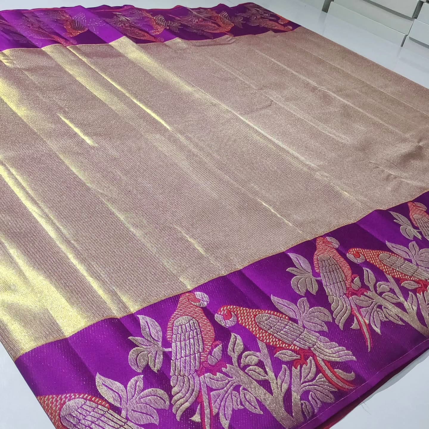 Gold Kanchipuram Handloom 1G Tissue Brocade Meenakari Silk Saree featuring a shimmering tissue weave, rich Meenakari details, and Silk Mark certification.