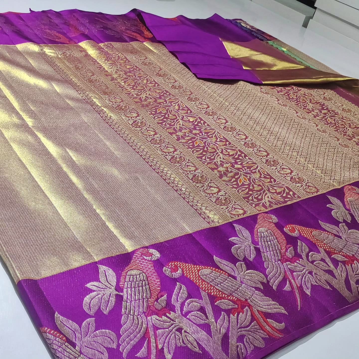 Gold Kanchipuram Handloom 1G Tissue Brocade Meenakari Silk Saree featuring a shimmering tissue weave, rich Meenakari details, and Silk Mark certification.