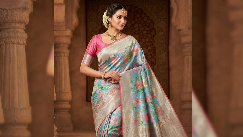 A woman wearing a luxurious turquoise Kanchipuram handloom tissue brocade Meenakari silk saree with intricate floral motifs and a pink contrast border.