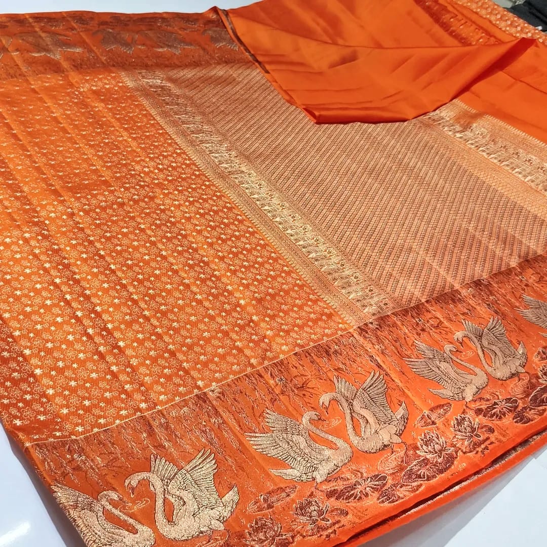 Orange Kanchipuram Handloom Pattu Silk Bridal Saree