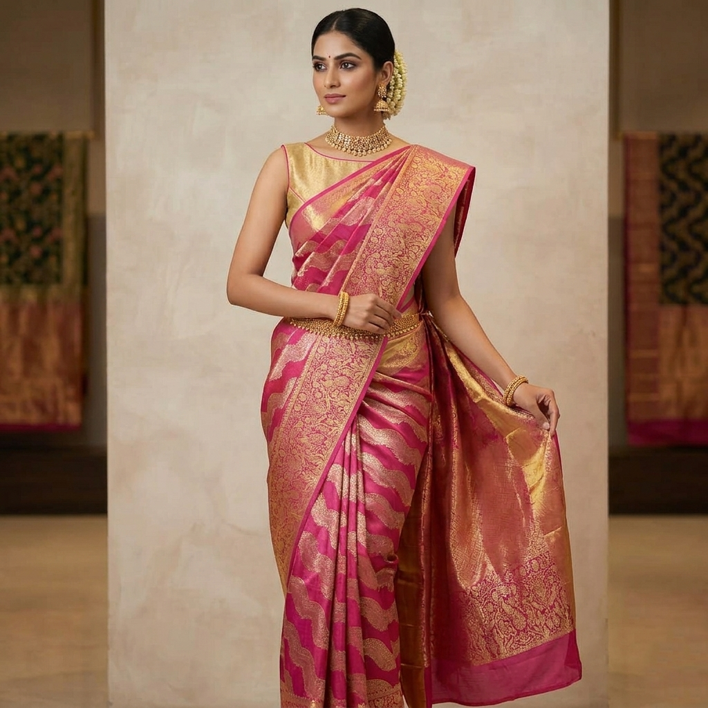 Shop our authentic Hot Pink Kanchipuram Handloom Tissue Brocade Silk Saree. Featuring intricate Meenakari work and Silk Mark certification for guaranteed purity.