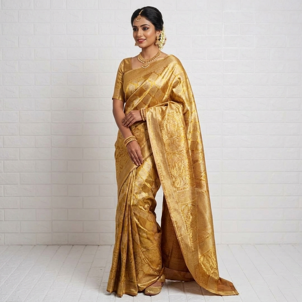 Gold Kanchipuram Tissue Silk saree featuring intricate edge-to-edge checks and floral butta embroidery.