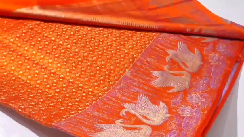 Close-up of detailed swan motifs and zari work on orange Kanchipuram silk saree