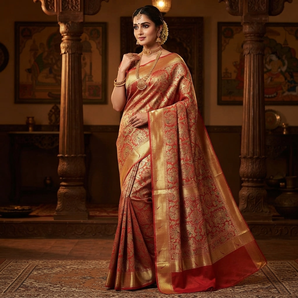 Exquisite coral Kanchipuram handloom tissue brocade Meenakari bridal saree with traditional Paithani borders.
