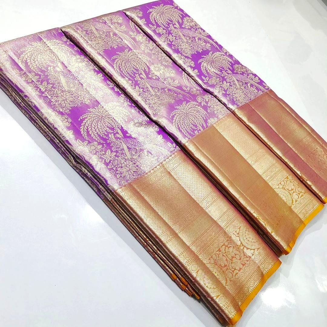 Lavender Kanchipuram Handloom Tissue Brocade Silk Saree