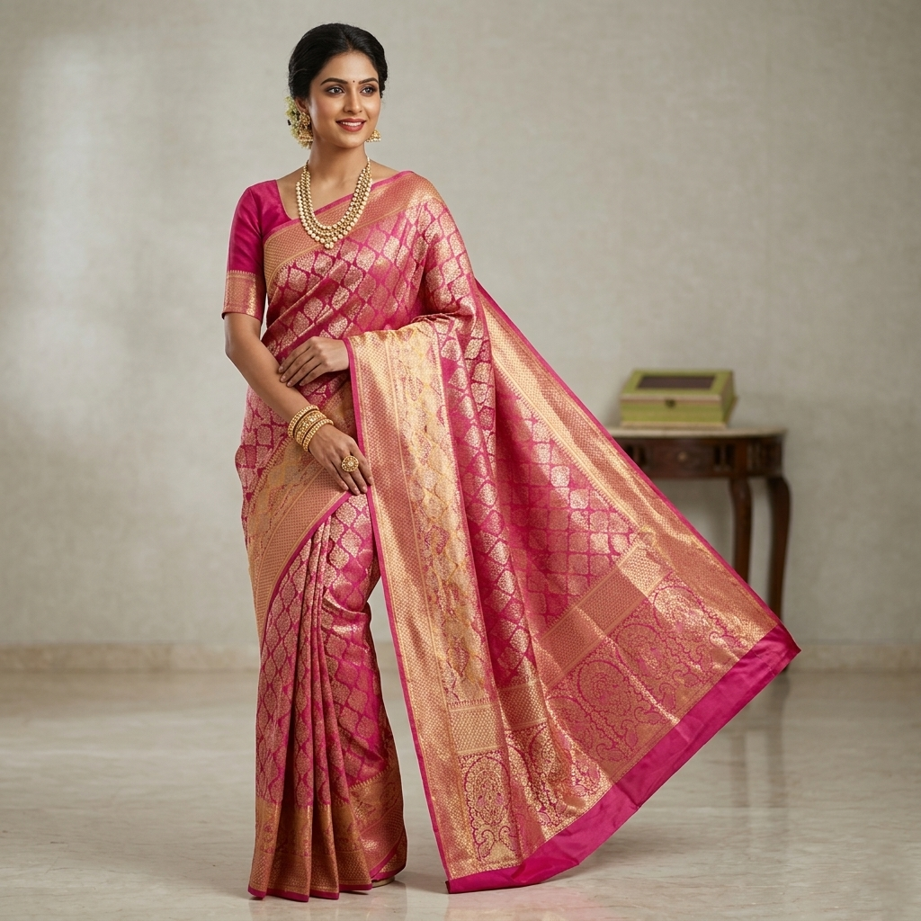 Hot Pink Kanchipuram Tissue Silk saree featuring intricate Meena work and golden floral brocade.
