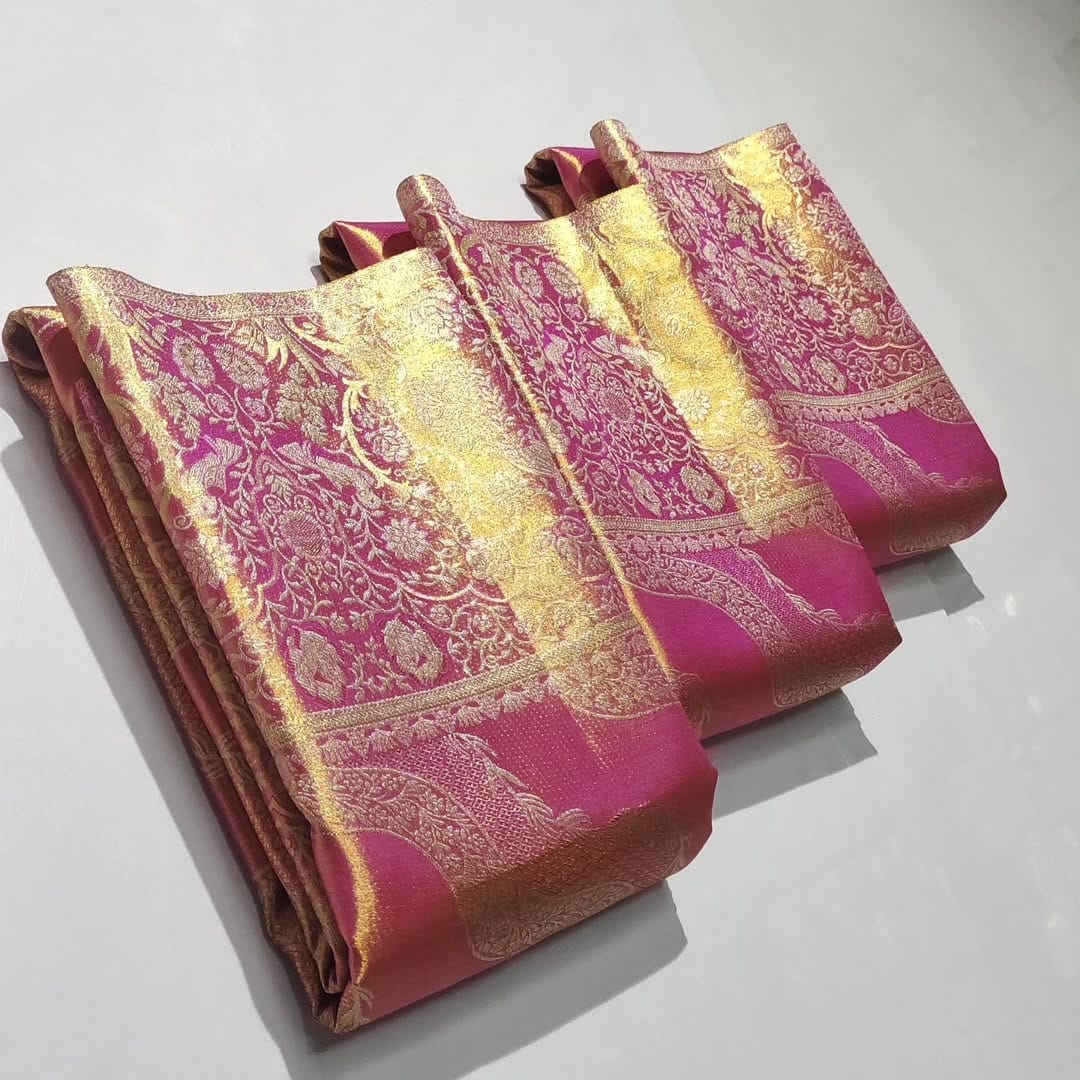 Shop our authentic Hot Pink Kanchipuram Handloom Tissue Brocade Silk Saree. Featuring intricate Meenakari work and Silk Mark certification for guaranteed purity.