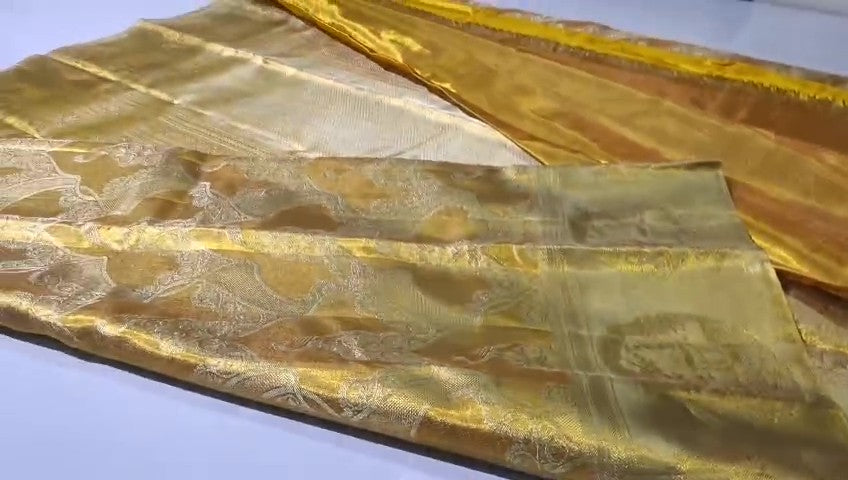 Gold Kanchipuram handloom tissue brocade silk bridal saree with all-over Meenakari work and deer design borders.