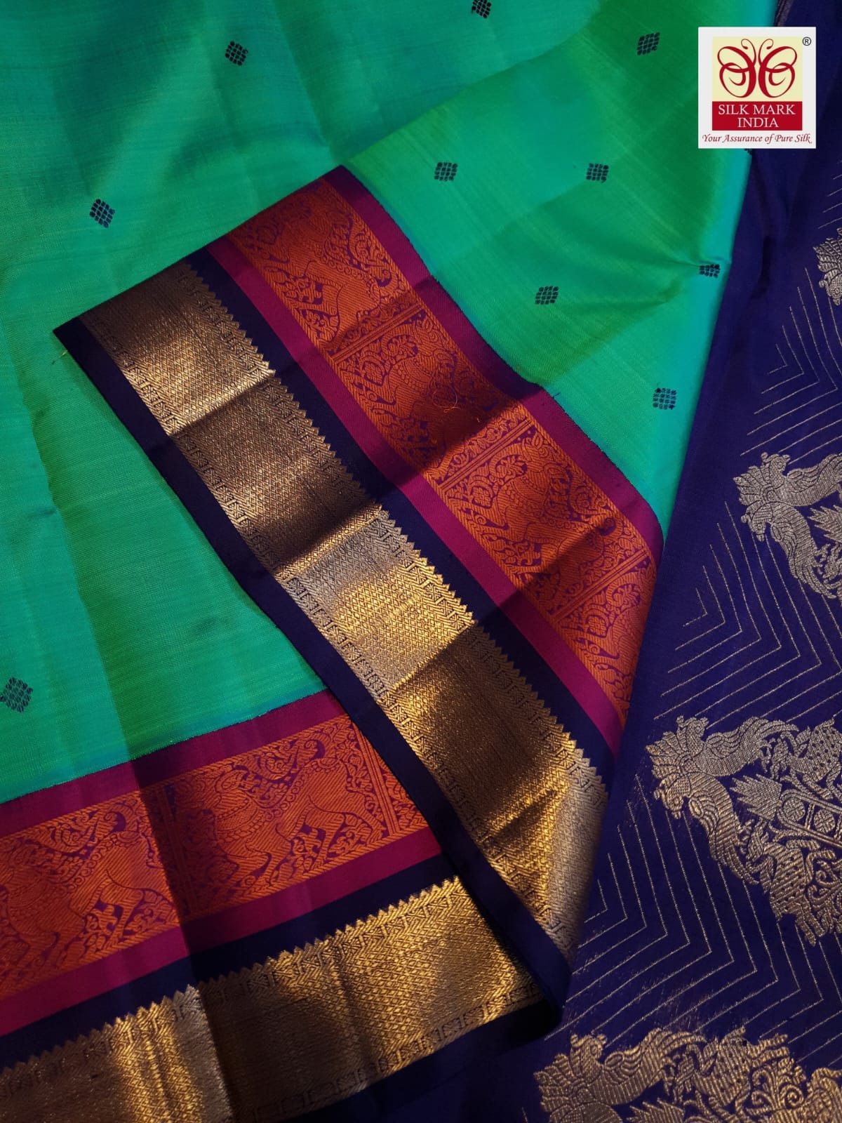 A radiant rexona green Kanchipuram handloom 3G gold vintage korvai silk saree showcasing two-tone contrast borders and intricate motifs.