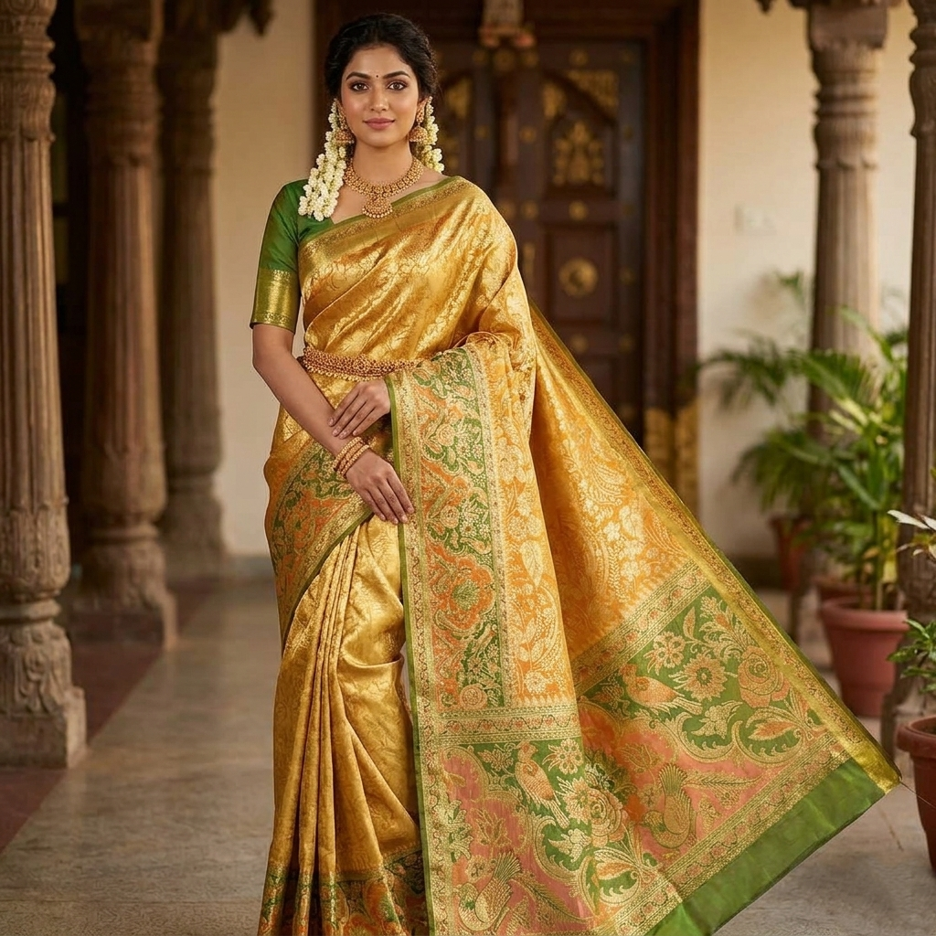 An elegant Indian model showcases a luxurious dual-tone orange and gold Kanchipuram tissue brocade silk saree featuring intricate Meenakari floral and bird motifs, styled with a contrasting olive green blouse in a traditional temple corridor.