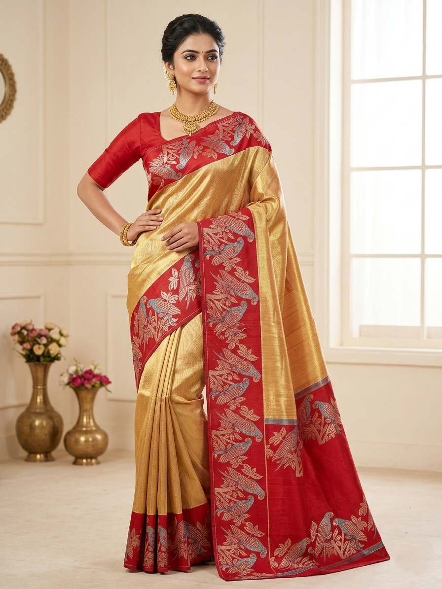 Gold Kanchipuram 1G tissue silk saree with a bold red border featuring intricate meenakari parrot motifs, styled for a traditional wedding look.