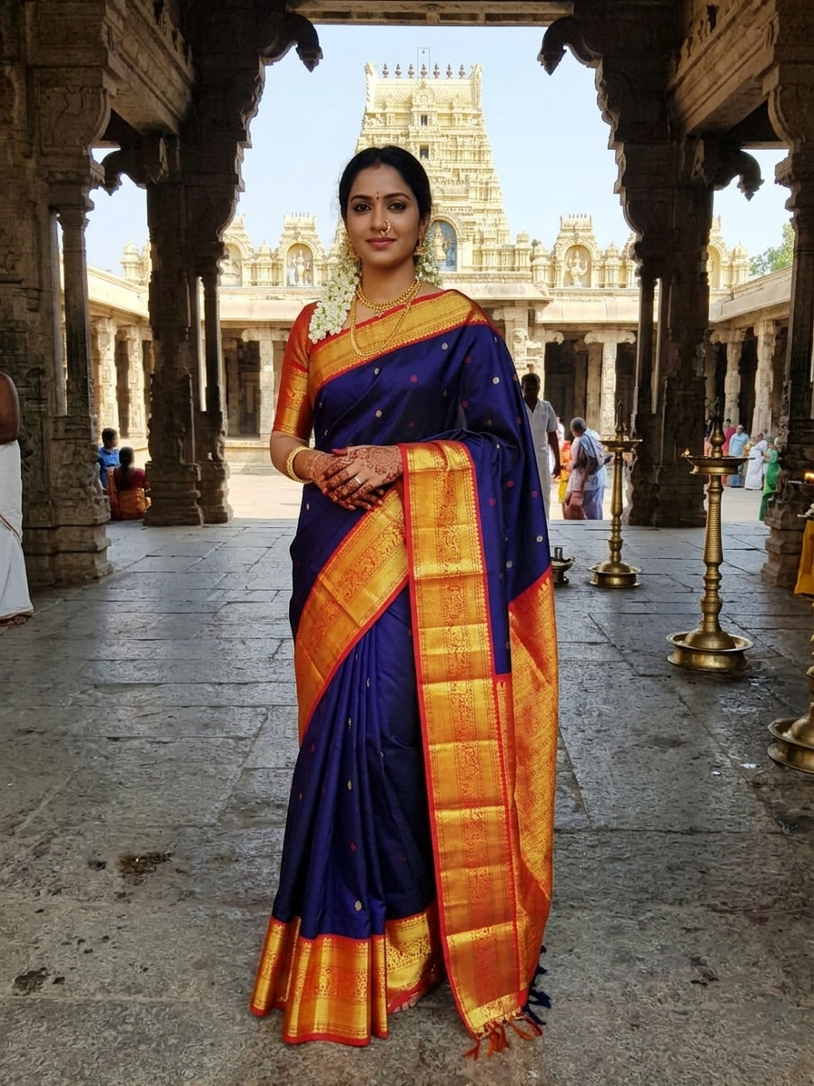 Deep Purple Kanchipuram Handloom Silk Saree with multicolored chakram motifs across the body and a wide red Korvai border featuring intricate gold zari.