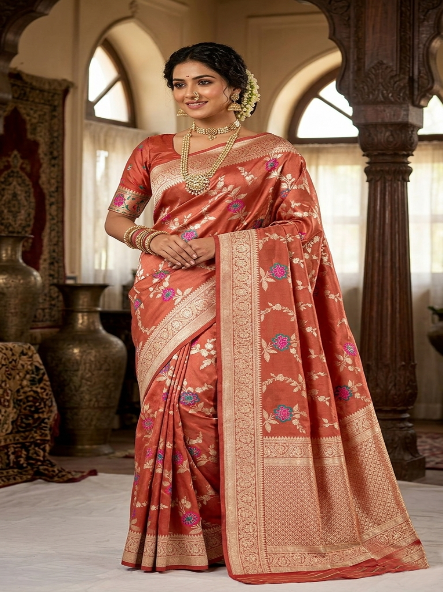 Red Banarasi Tissue Silk Meenakari Saree