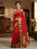 Red Chanderi Handloom Katan Silk Nakshi Saree featuring elegant gold zari bootis and a rich traditional border
