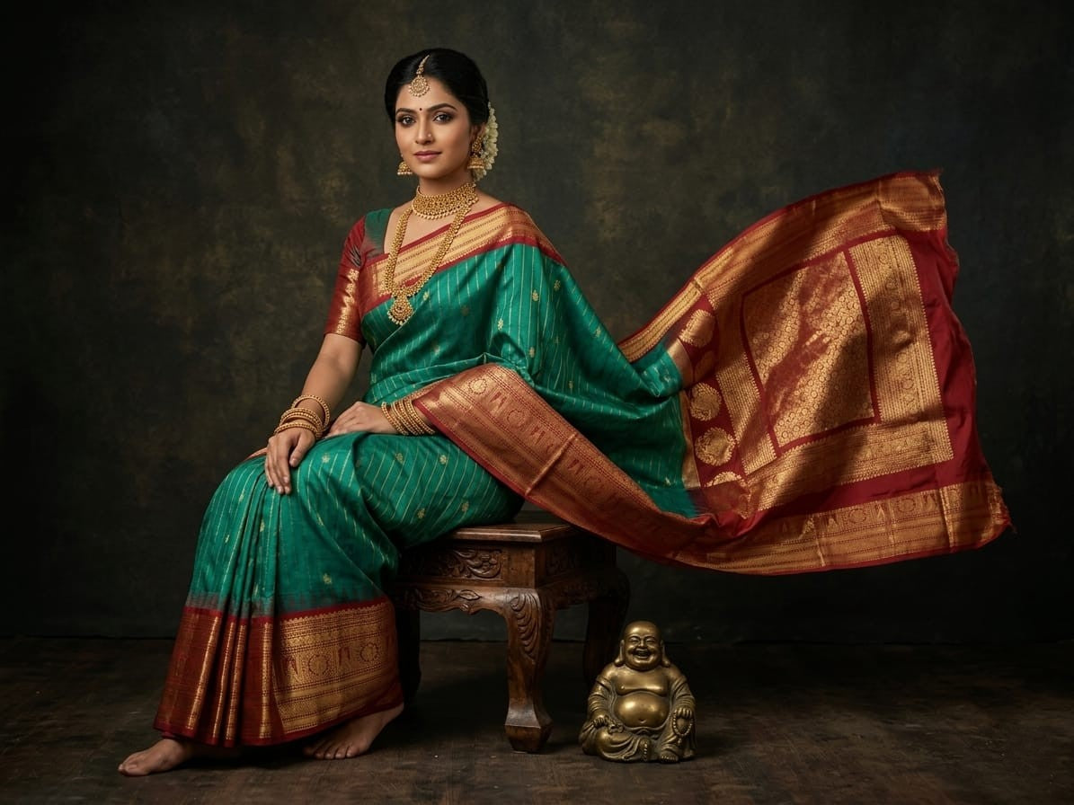 Silk Tatva Gadwal semi pattu silk saree featuring intricate all-over checks, traditional gold butta motifs, and a rich contrast border and pallu.