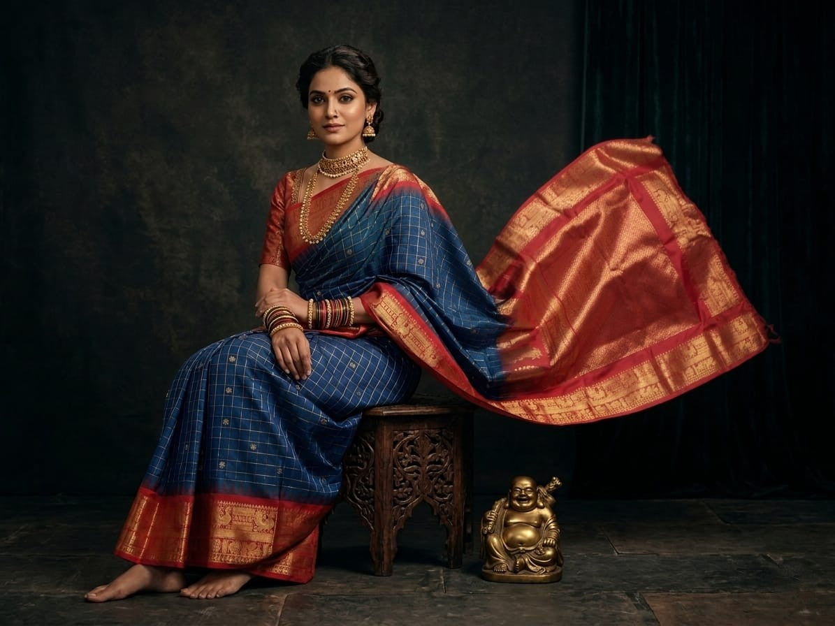 Silk Tatva Gadwal semi pattu silk saree featuring intricate all-over checks, traditional gold butta motifs, and a rich contrast border and pallu.