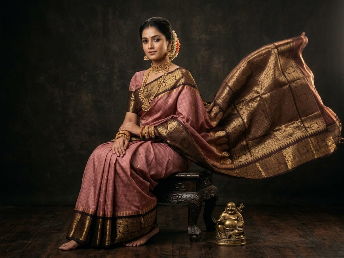 Silk Tatva Gadwal semi pattu silk saree featuring intricate all-over checks, traditional gold butta motifs, and a rich contrast border and pallu.