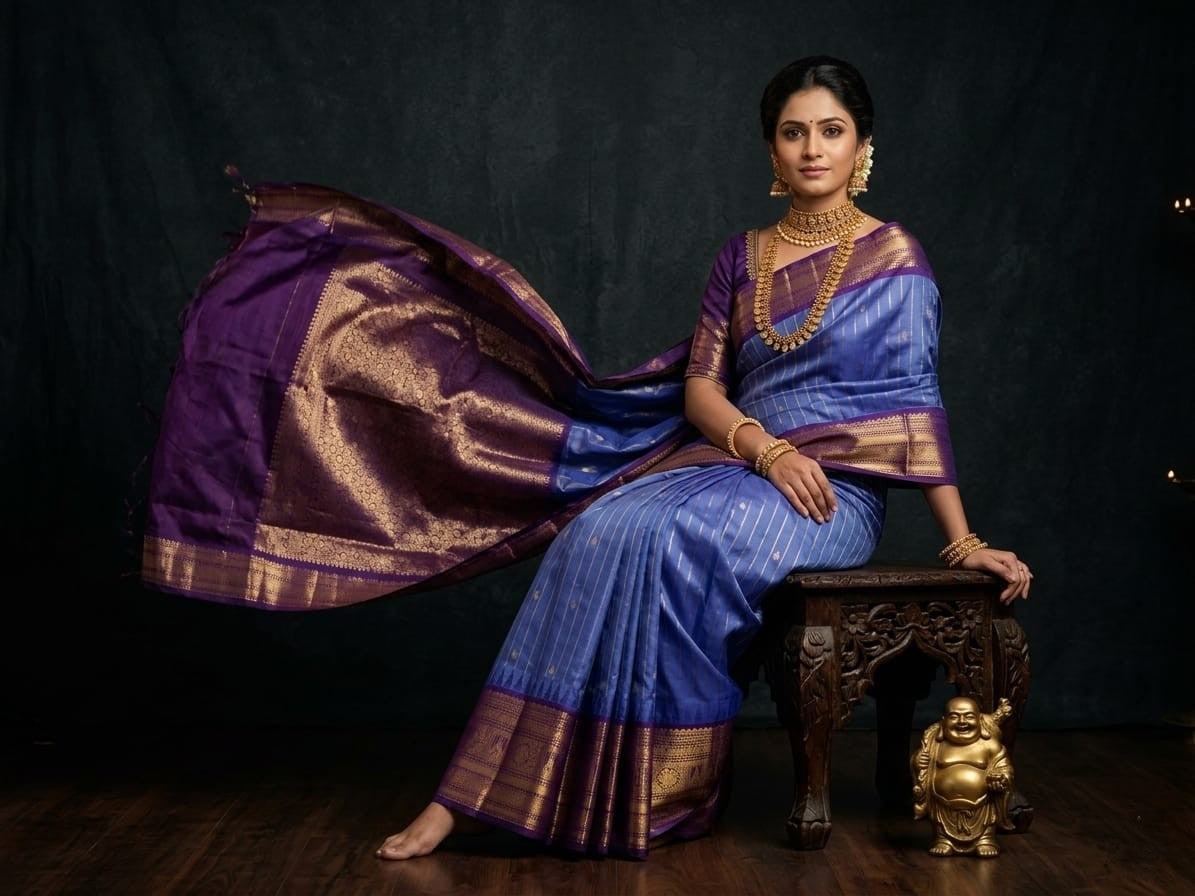 Silk Tatva Gadwal semi pattu silk saree featuring intricate all-over checks, traditional gold butta motifs, and a rich contrast border and pallu.