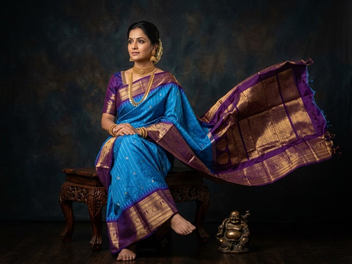 Silk Tatva Gadwal semi pattu silk saree featuring intricate all-over checks, traditional gold butta motifs, and a rich contrast border and pallu.