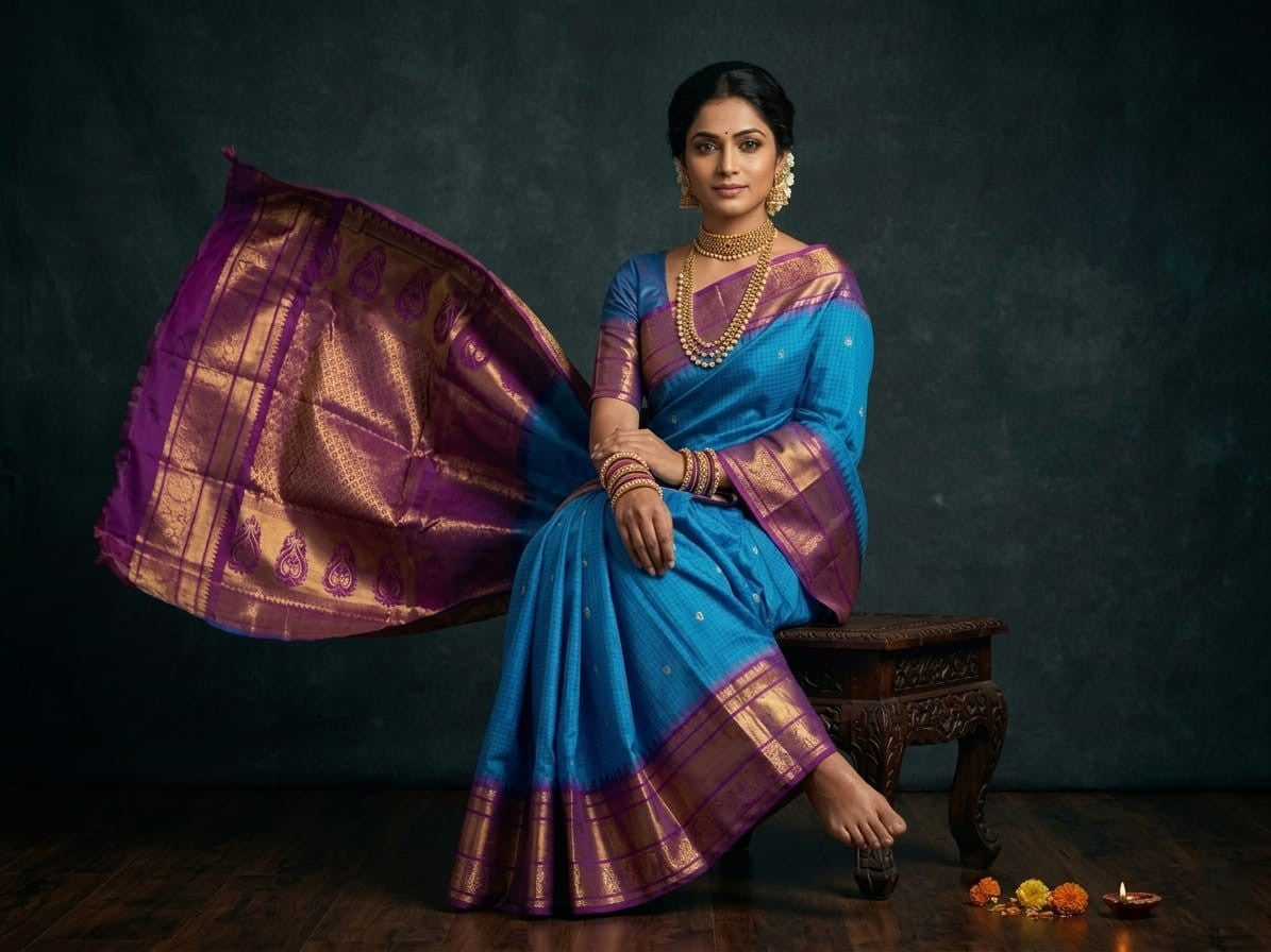 Silk Tatva Gadwal semi pattu silk saree featuring intricate all-over checks, traditional gold butta motifs, and a rich contrast border and pallu.