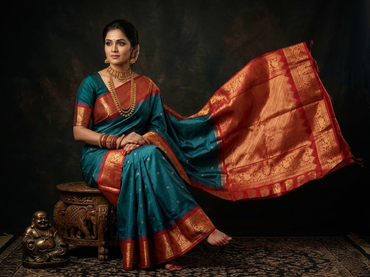 Silk Tatva Gadwal semi pattu silk saree featuring intricate all-over checks, traditional gold butta motifs, and a rich contrast border and pallu.