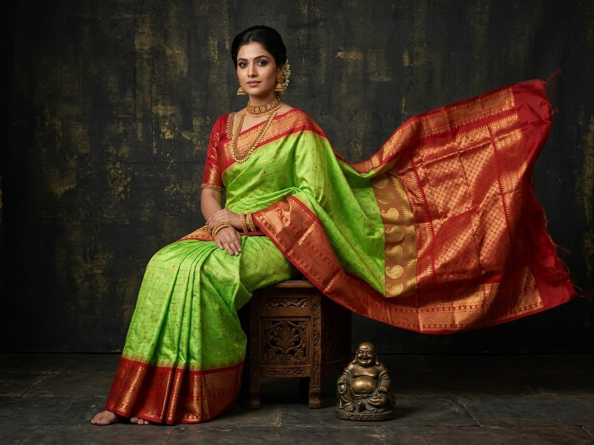 Silk Tatva Gadwal semi pattu silk saree featuring intricate all-over checks, traditional gold butta motifs, and a rich contrast border and pallu.