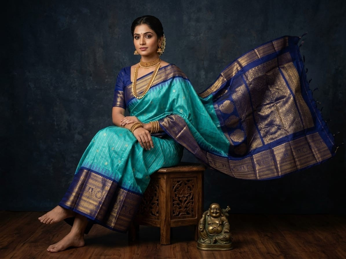 Silk Tatva Gadwal semi pattu silk saree featuring intricate all-over checks, traditional gold butta motifs, and a rich contrast border and pallu.