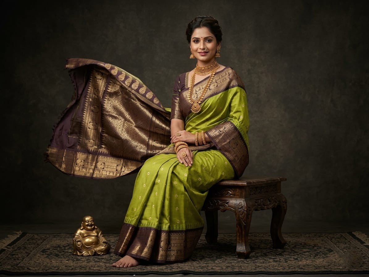 Silk Tatva Gadwal semi pattu silk saree featuring intricate all-over checks, traditional gold butta motifs, and a rich contrast border and pallu.