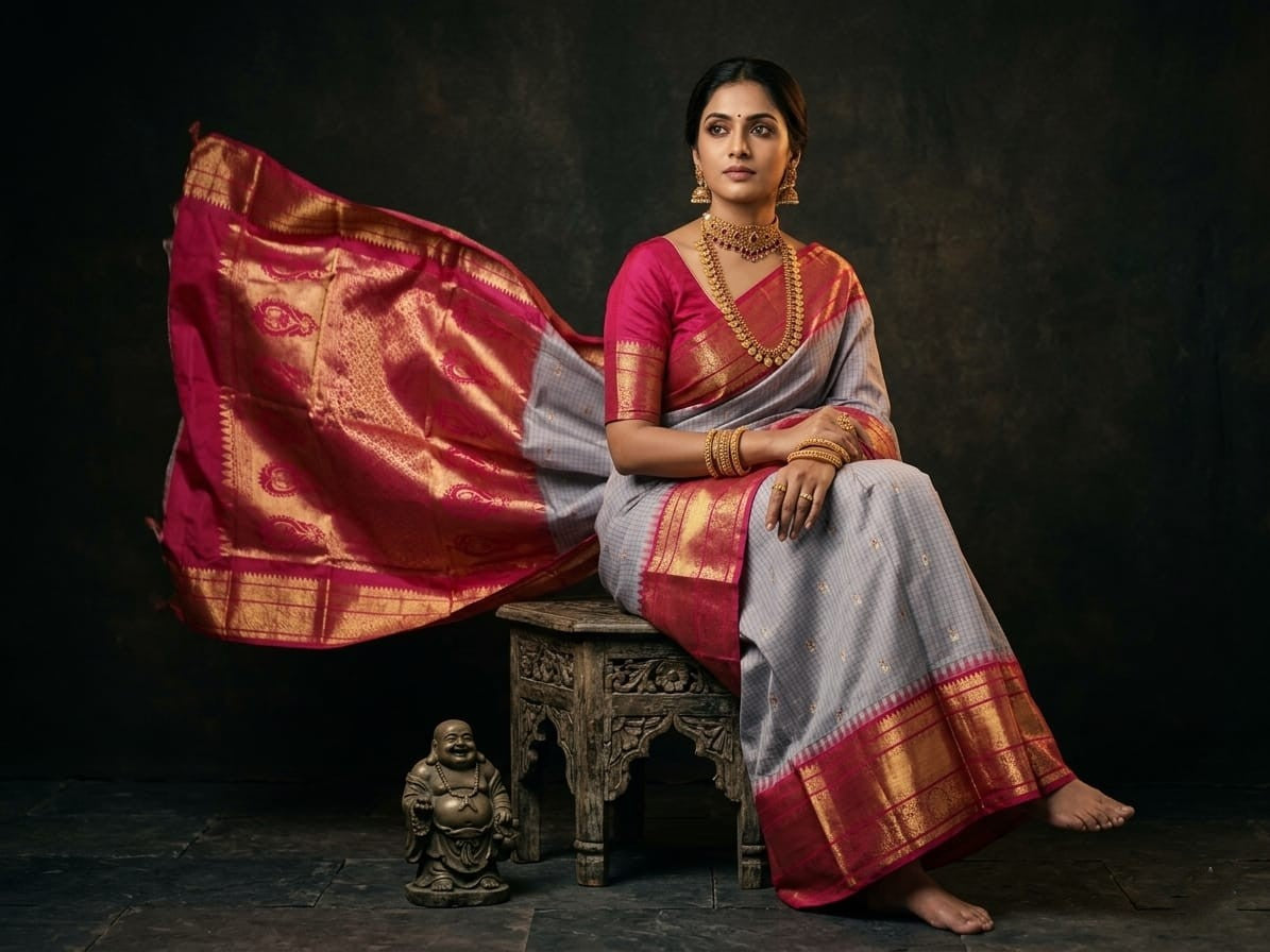 Silk Tatva Gadwal semi pattu silk saree featuring intricate all-over checks, traditional gold butta motifs, and a rich contrast border and pallu.