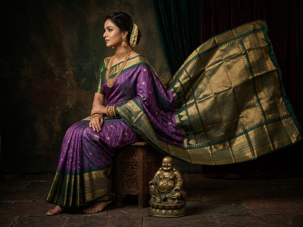 Silk Tatva Gadwal semi pattu silk saree featuring intricate all-over checks, traditional gold butta motifs, and a rich contrast border and pallu.