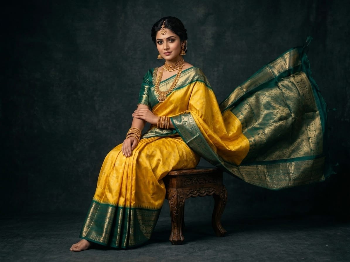 Silk Tatva Gadwal semi pattu silk saree featuring intricate all-over checks, traditional gold butta motifs, and a rich contrast border and pallu.