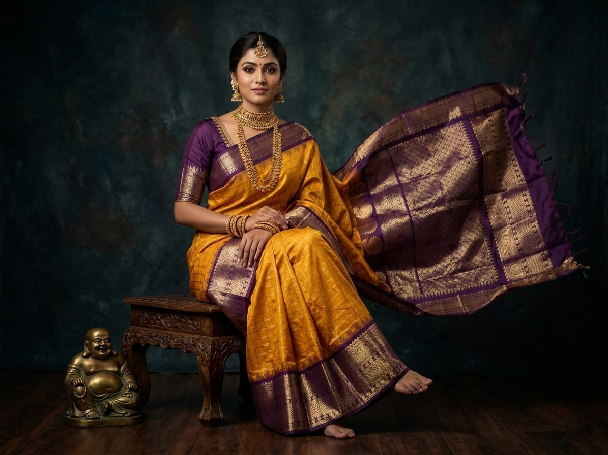 Silk Tatva Gadwal semi pattu silk saree featuring intricate all-over checks, traditional gold butta motifs, and a rich contrast border and pallu.