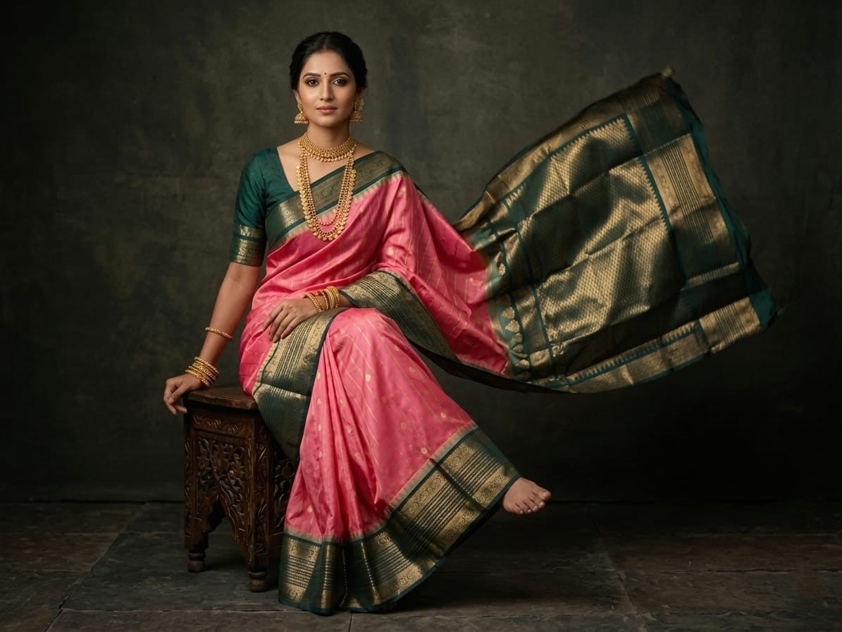 Silk Tatva Gadwal semi pattu silk saree featuring intricate all-over checks, traditional gold butta motifs, and a rich contrast border and pallu.