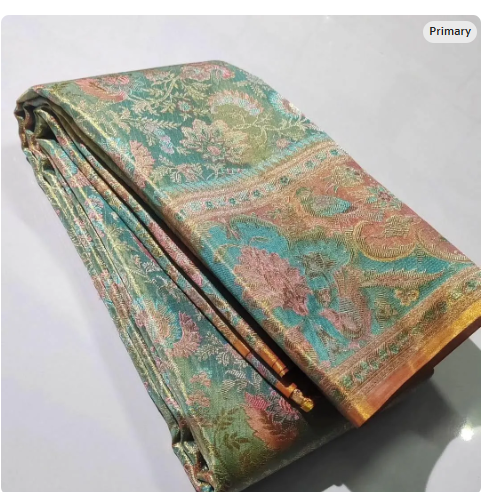 Pale Turquoise Kanchipuram Handloom Tissue Brocade Meenakari Silk Saree