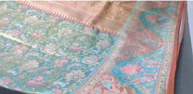 Pale Turquoise Kanchipuram Handloom Tissue Brocade Meenakari Silk Saree