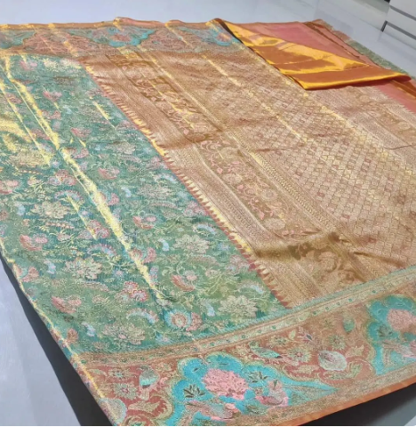 Pale Turquoise Kanchipuram Handloom Tissue Brocade Meenakari Silk Saree