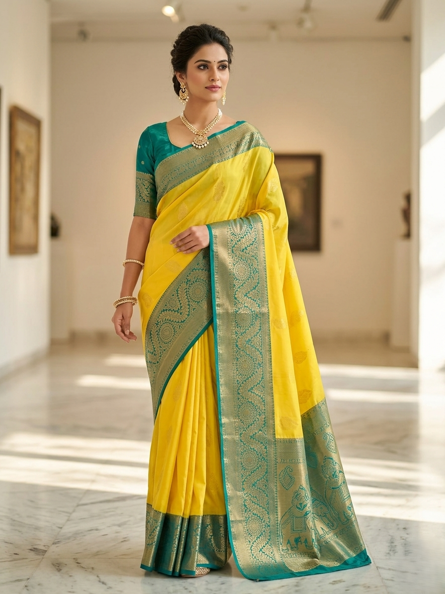 Model in a bright gallery hall draped in a vibrant Lemon Yellow Kanchipuram Semi Pattu Silk Saree featuring a deep teal-green zari border with intricate floral and paisley motifs.