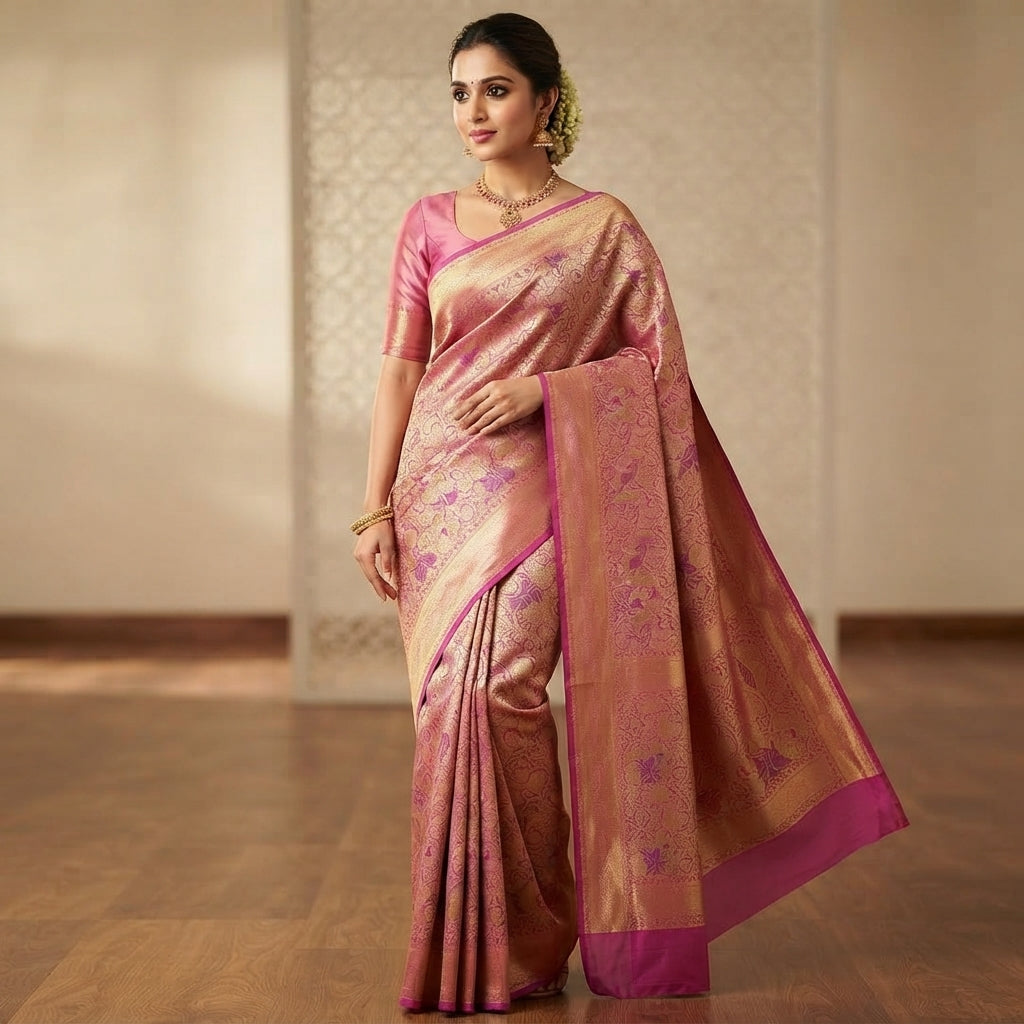 Exquisite pink Kanchipuram handloom tissue brocade Meenakari silk saree with intricate zari work and traditional motifs