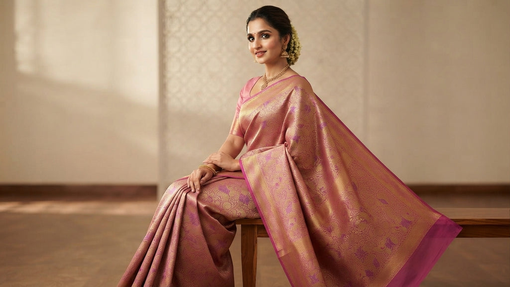 Exquisite pink Kanchipuram handloom tissue brocade Meenakari silk saree with intricate zari work and traditional motifs