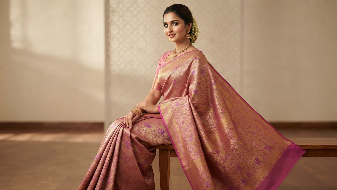 Exquisite pink Kanchipuram handloom tissue brocade Meenakari silk saree with intricate zari work and traditional motifs