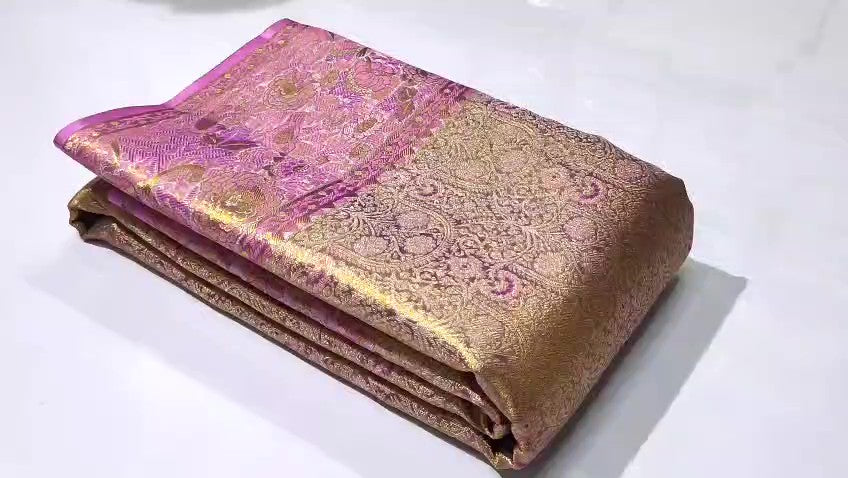 Exquisite pink Kanchipuram handloom tissue brocade Meenakari silk saree with intricate zari work and traditional motifs