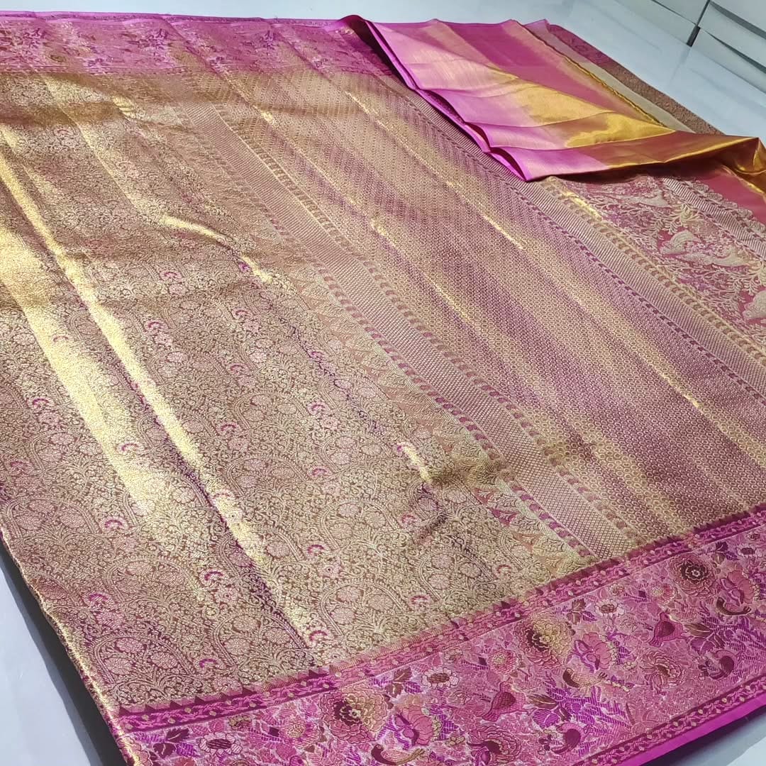 Exquisite pink Kanchipuram handloom tissue brocade Meenakari silk saree with intricate zari work and traditional motifs