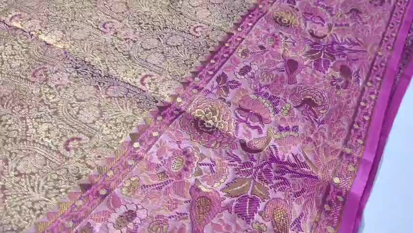 Exquisite pink Kanchipuram handloom tissue brocade Meenakari silk saree with intricate zari work and traditional motifs