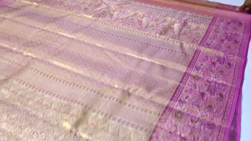 Exquisite pink Kanchipuram handloom tissue brocade Meenakari silk saree with intricate zari work and traditional motifs