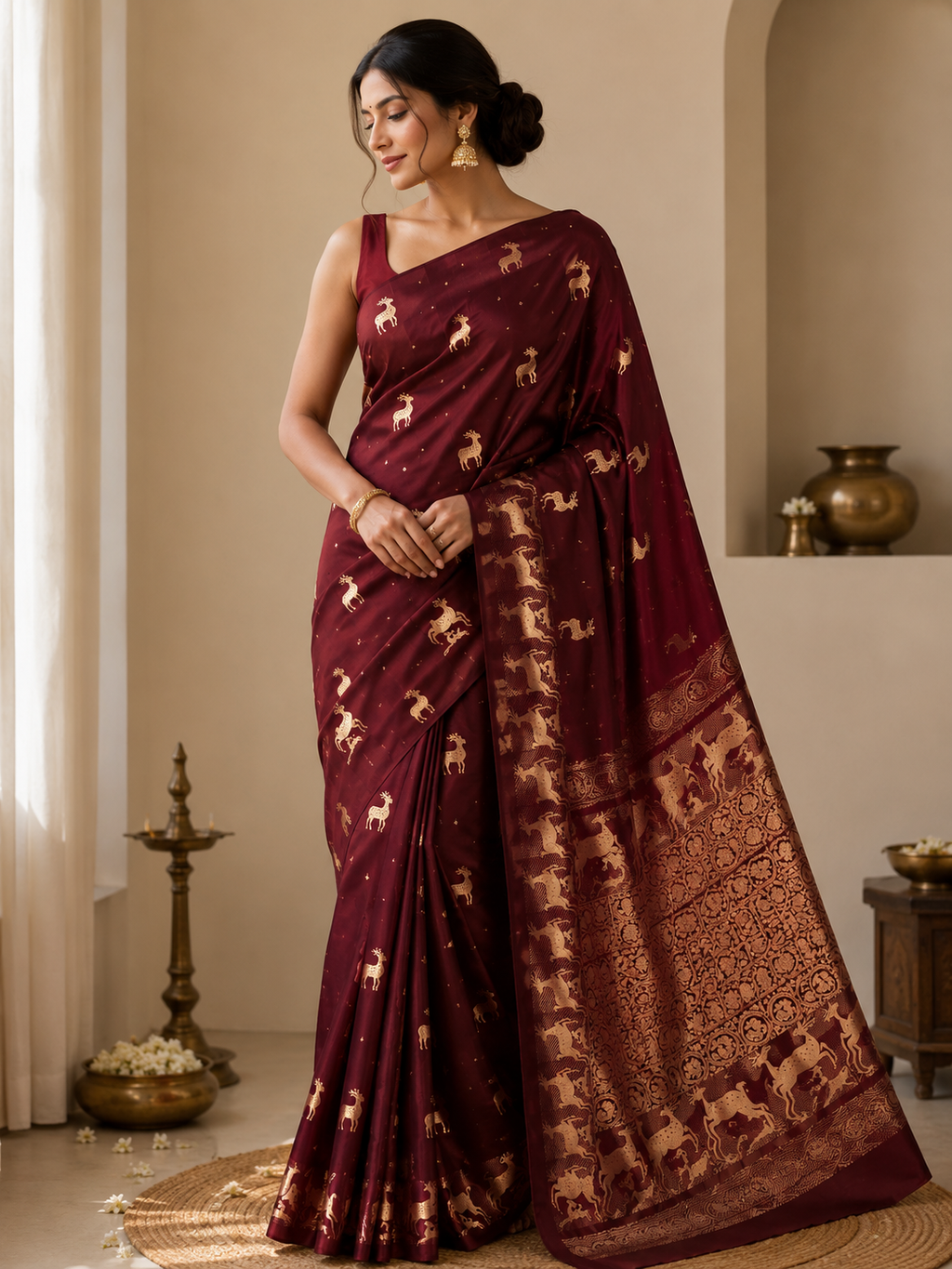 Plum Banarasi Handloom Mashru Silk Saree featuring authentic Kaduwa weaving, intricate gold zari deer and animal motifs, a rich traditional Banarasi pallu, Silk Mark Certified pure silk, dyeable to your choice of colors, and a matching running blouse piece, perfect for weddings and festive occasions.