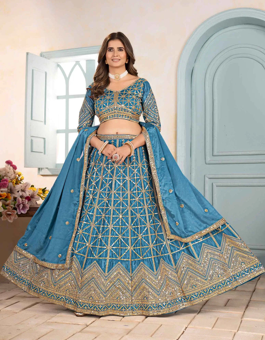 Sky Blue Sequins Embroidery Work Lehenga