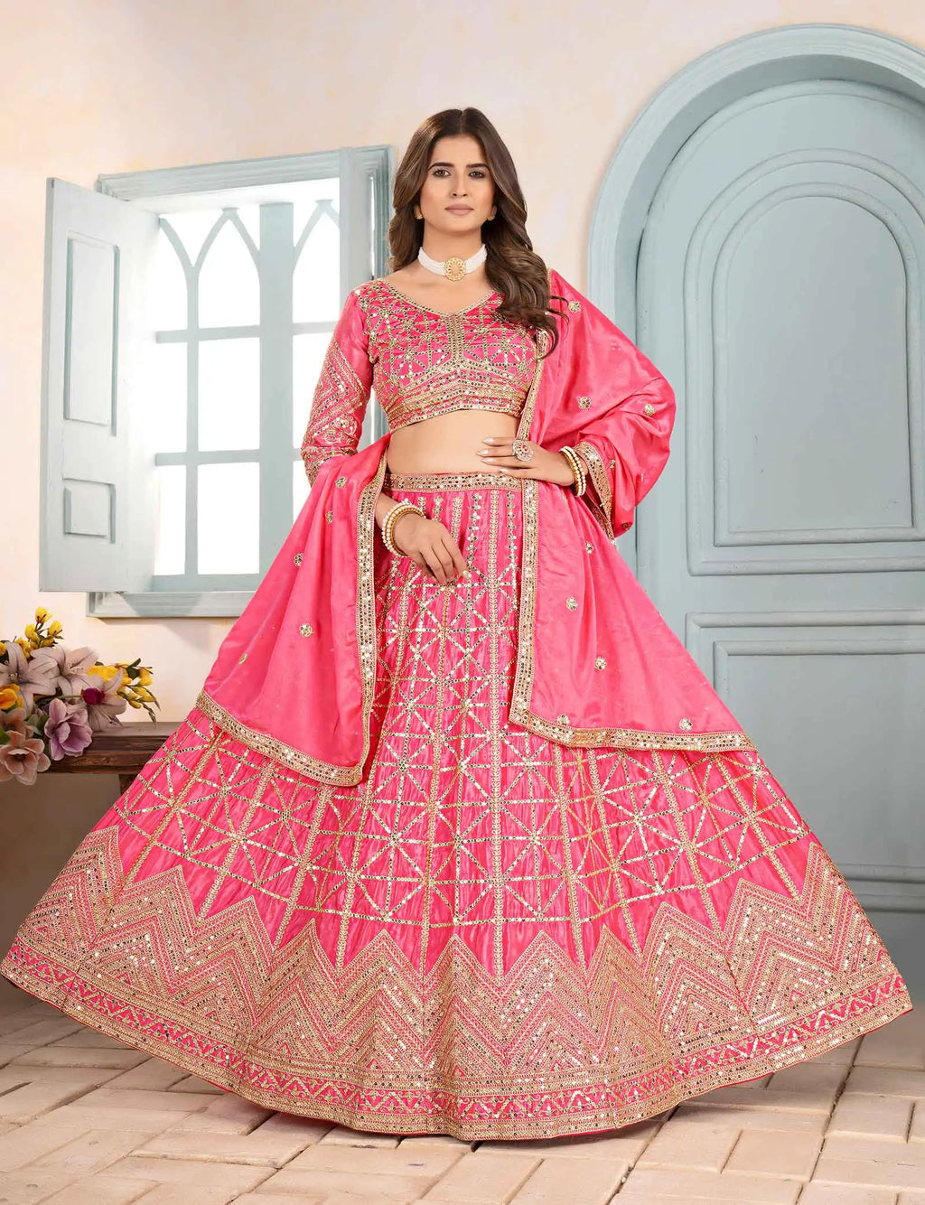 Light Pink Sequins Embroidery Work Lehenga
